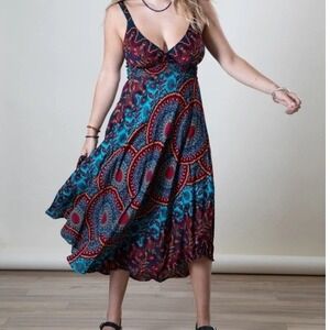 Mexicali Blues Meadow Flora Mandala Plunge Dress Boho Beachy Festival Size S/M